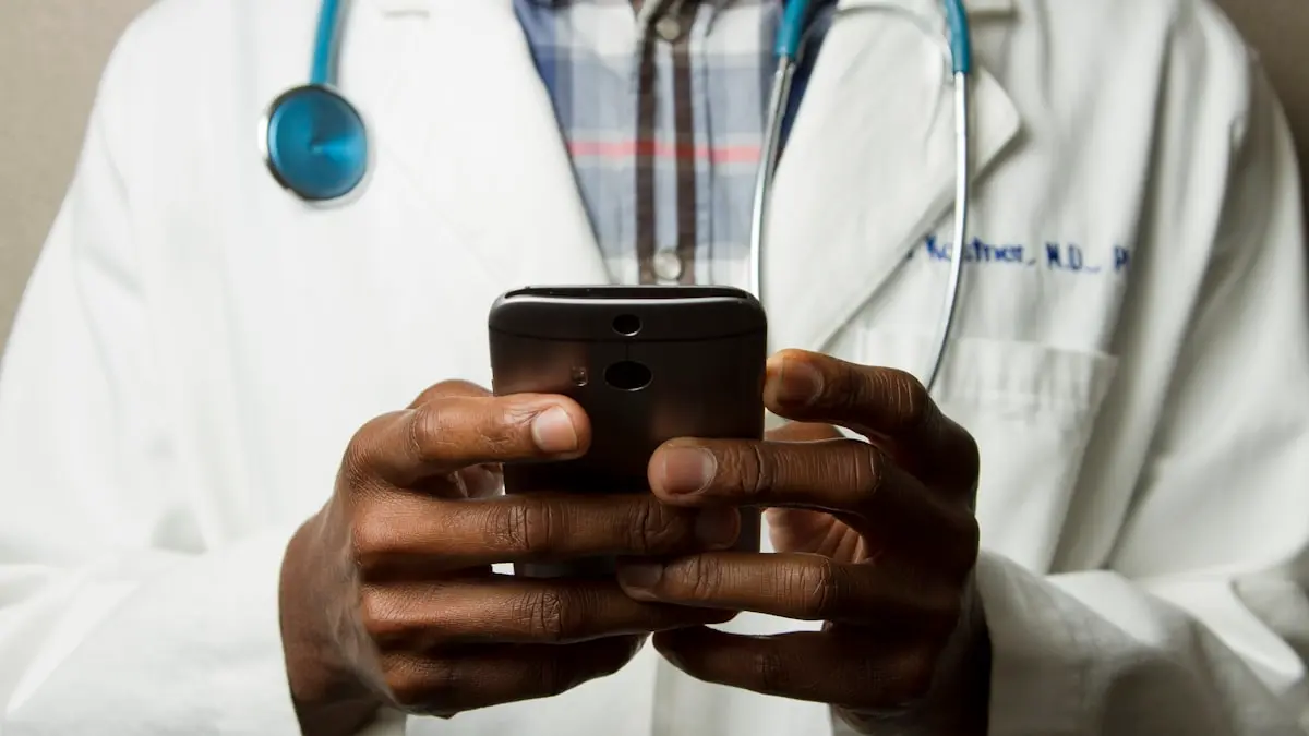 Healthcare professional using a mobile phone