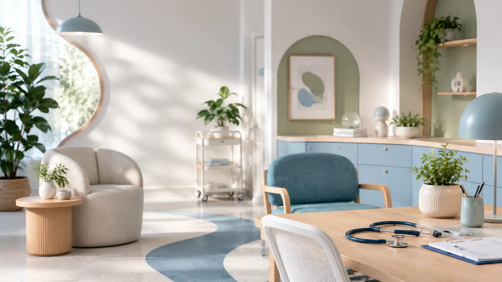 Bright, calm healthcare office with a reception area and a stethoscope set on a consultation desk.