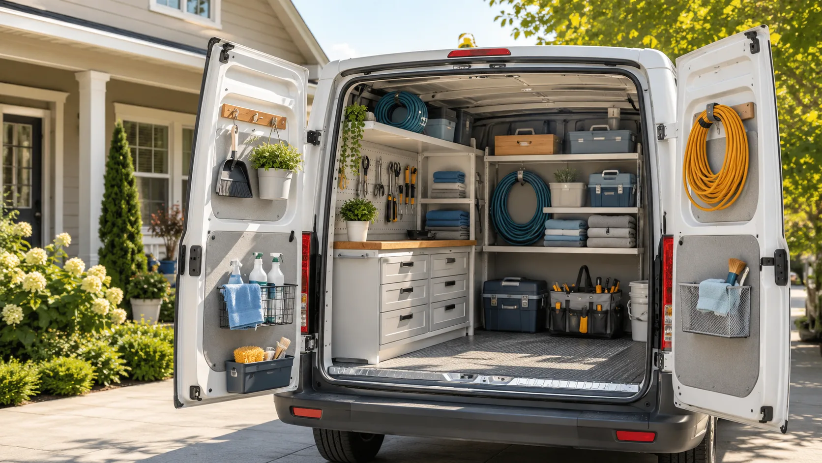 Organized home service van stocked with tools and supplies for field appointments