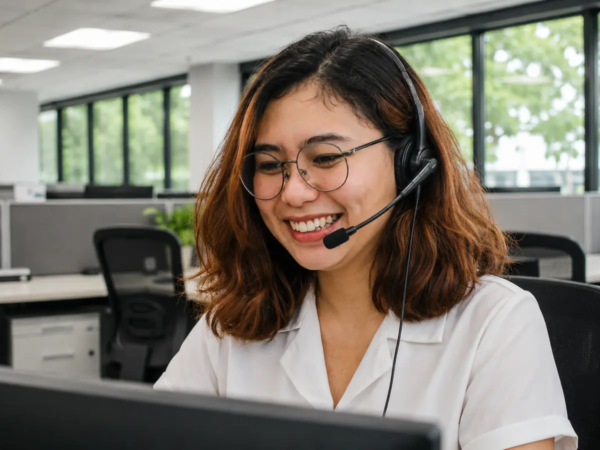 Customer service representative smiling on a headset call