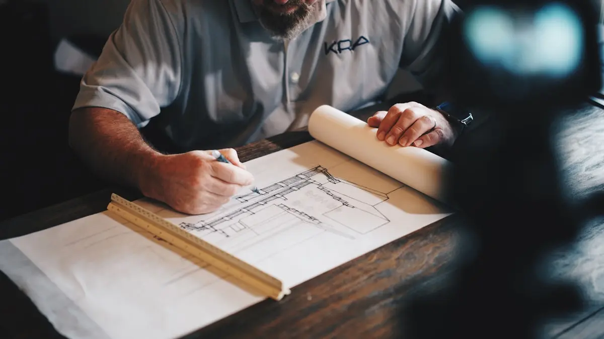 Service professional reviewing plans at a desk