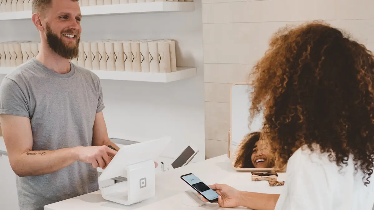 Customer completing a purchase at a retail counter