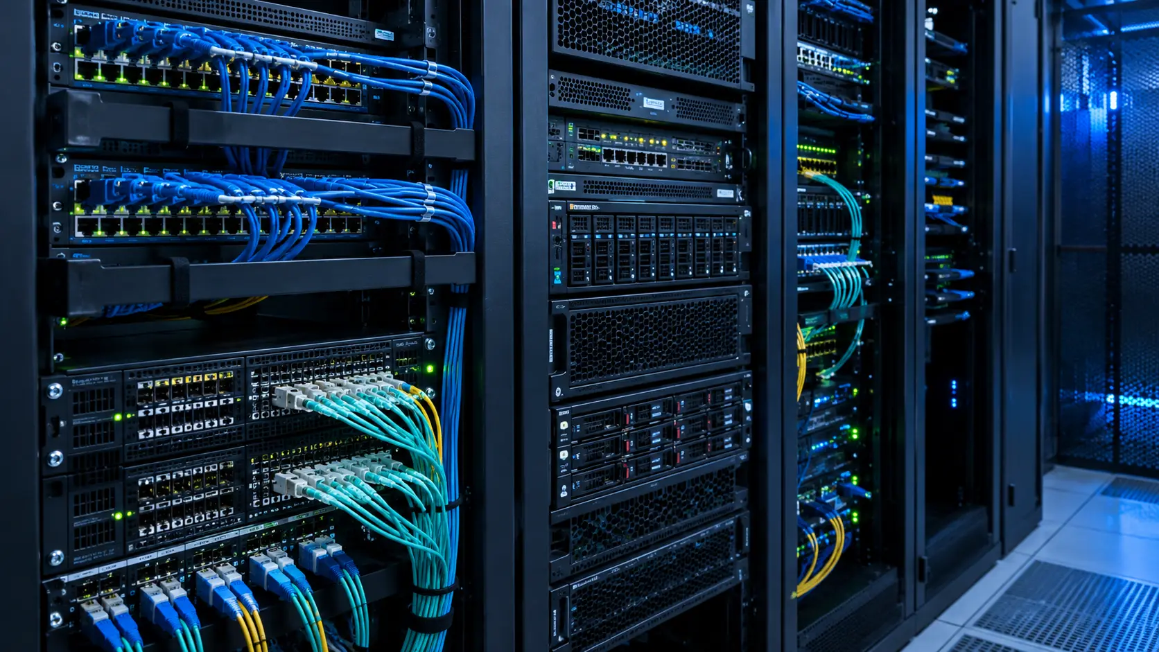 Server racks with networking equipment and lit status indicators inside a technical infrastructure room.