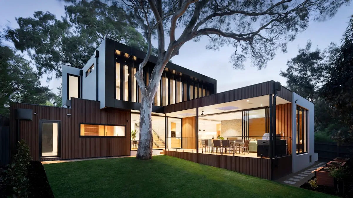 Modern vacation home at dusk